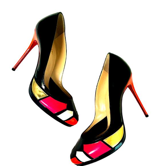 Christian Louboutin Astrogirl Patent Colorblock Heels Black Pink Gold 38 - Picture 1 of 15